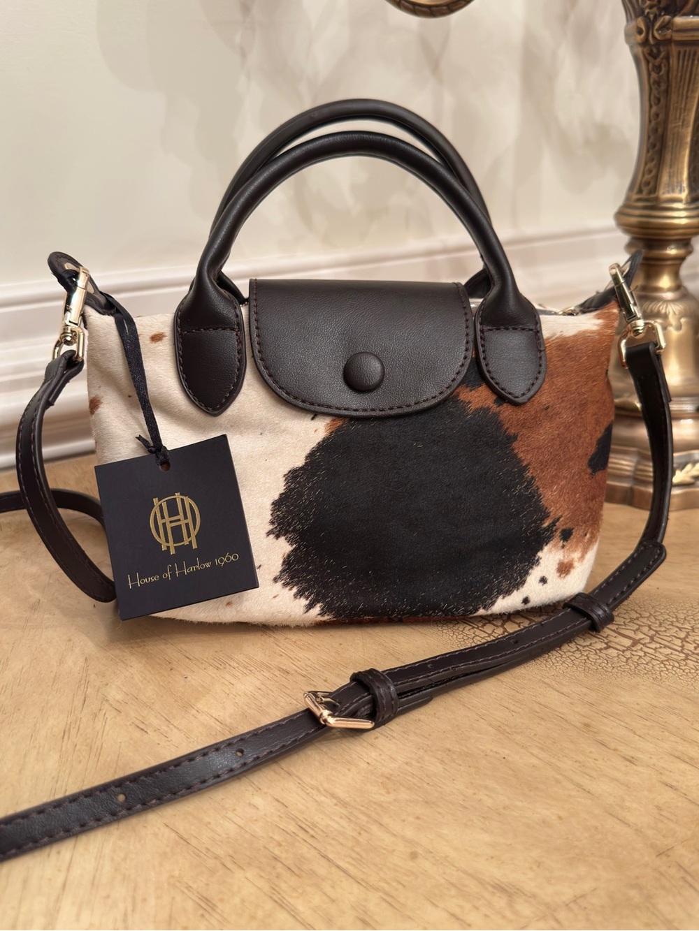 NWT House of Harlow 1960 Genuine Cow Hair Mini Satchel Vegan Leather Trim